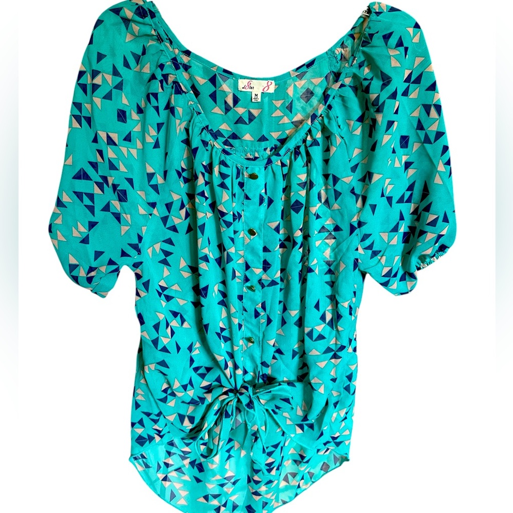 L8teR Teal Blue Puff Tie Front Blouse.  NWOT Size M.